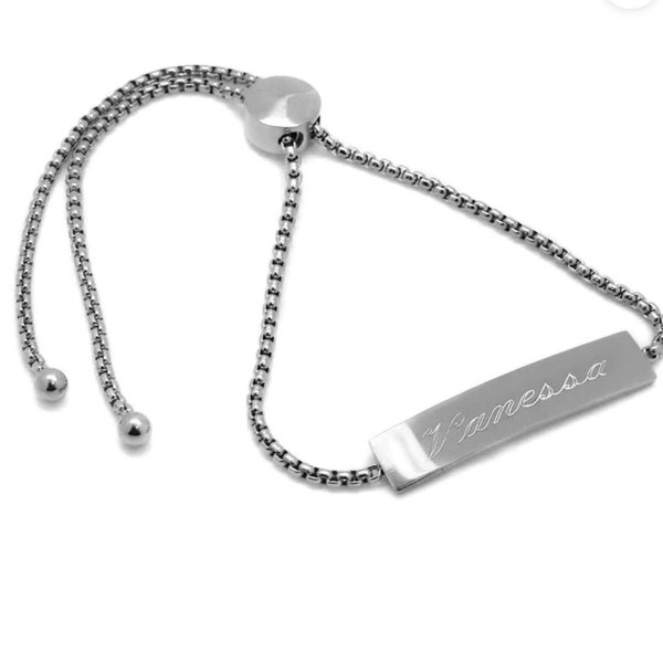 Personalized Engraved Adjustable Bracelet Monogrammed ID Silver Slider Bracelet