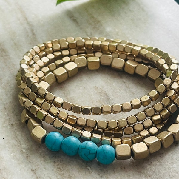 Custom Beaded Bracelet Gold Metal Cube Bracelet  Turquoise Bracelet For Women Bracelet Stack Square Beads Custom Bead Bracelet For Mom