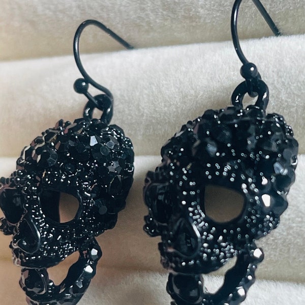 Skull Earrings, Black Rhinestone Skull, Glam Skull Jewelry, Glam Halloween, Spooky Skull Earrings,