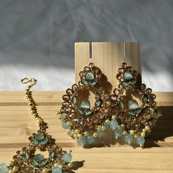 Pakistani | Indian | Traditional Sea Blue Tikka and Earrings set