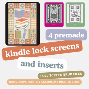 Pode incluir: Imagem digital com um dispositivo Kindle com um design de tela de bloqueio com tema de livro. A imagem também mostra três telas de bloqueio Kindle adicionais com designs diferentes e o texto "4 telas de bloqueio e inserções Kindle pré-fabricadas."