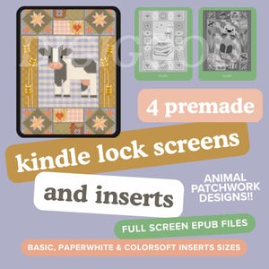 Peut inclure: Écrans de verrouillage et inserts Kindle numériques avec des motifs patchwork d'animaux. L'image montre un Kindle avec un motif de vache et deux autres écrans Kindle avec des motifs d'animaux. Le texte comprend "4 préréglages" et "Fichiers epub plein écran".