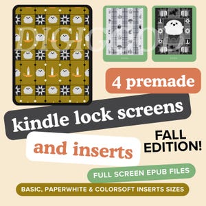 Peut inclure: Écrans de verrouillage et inserts Kindle numériques avec des motifs sur le thème de l'automne. L'image montre quatre écrans de verrouillage préfabriqués avec des motifs de fantômes, de bougies et de citrouilles. Le texte comprend "4 premade kindle lock screens and inserts FALL EDITION!"