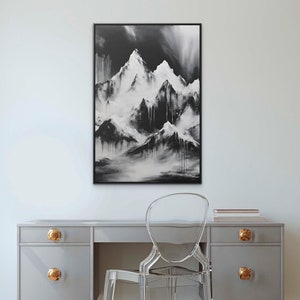 Abstrait Mount Everest Framed Canvas Art, Mt Everest, Peinture de montagne, Moderne, Nature, Minimaliste, Noir et Blanc, Contemporain, Unique
