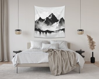 Wall Tapestry, Mountain Art, Boho, Abstract, Décor, Large, Minimalist, Black and White, Modern, Contemporary, Dorm, Above Bed