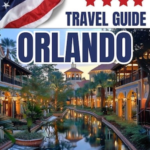 Könnte beinhalten: Ein Reiseführer für Orlando, Florida mit einer Fünf-Sterne-Bewertung. Das Cover zeigt eine malerische Ansicht eines Kanals mit üppigem Grün und charmanten Gebäuden. Der Text "Sunshine State Discover Orlando's Best-Kept Secrets" befindet sich am unteren Rand des Bildes.