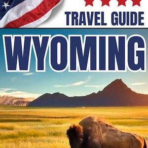 Può includere: Copertina di una guida di viaggio con un paesaggio pittoresco con un bisonte marrone in un campo di erba gialla. Il testo "WYOMING" è in grandi lettere blu. Il testo "Rodeos and Ranches: Experience Wyoming Culture" è in basso nell'immagine. Il testo "TRAVEL TIPS" è in un riquadro blu nell'angolo in basso a destra dell'immagine.