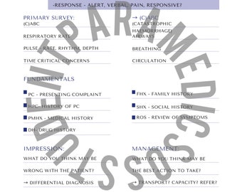 May include: A blue and white chart with the title "Patient assessment and history". The chart outlines the steps for assessing a patient's condition, including a primary survey, fundamentals, impression, and management.