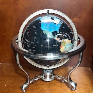 Semi-Precious Gemstone 14" Tabletop World Globe w/ Map & Compass