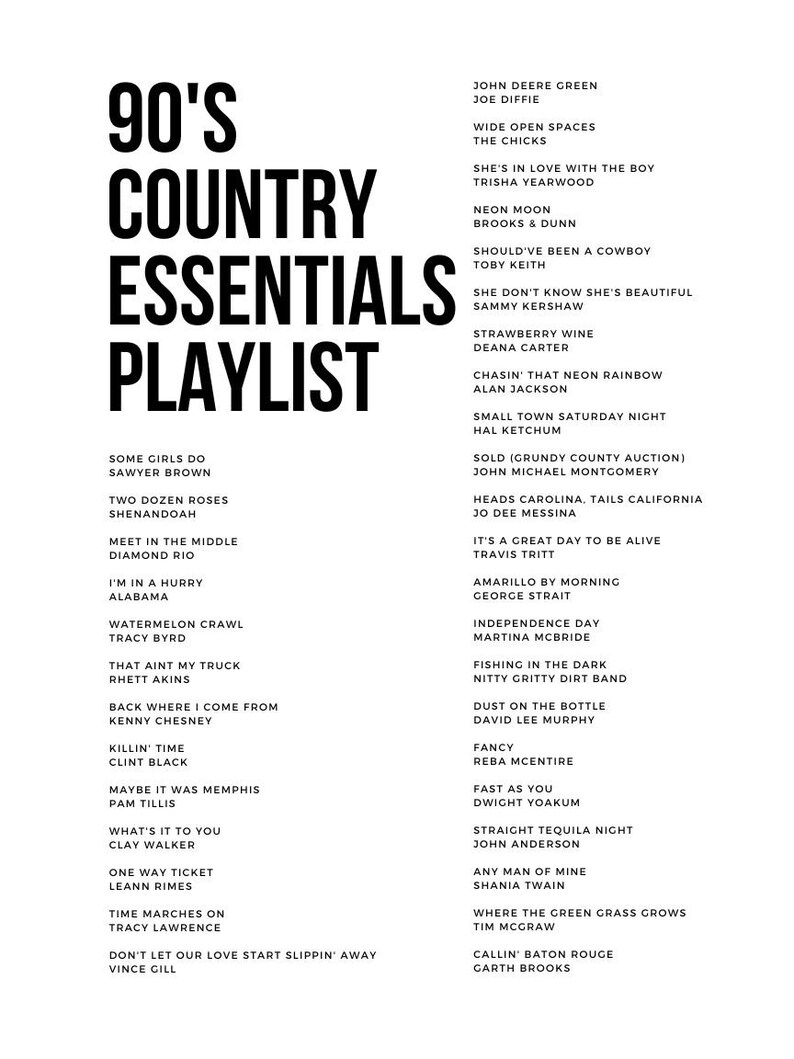 90's Country Playlist Poster, 90's Country Songs, Printable Wall Art