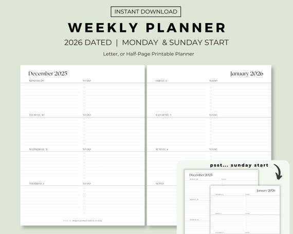 2026 Weekly Planner Printable | Dated 2-Page Weekly Spread | Monday & Sunday Start | Minimalist Agenda PDF
