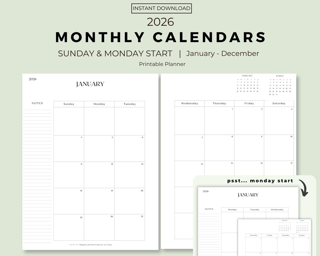 2026 Monthly Calendar Printable | Sunday Start Planner Insert ...