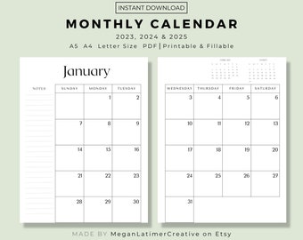 2023, 2024, 2025 2-page Monthly Calendar Printable, Dated Month, 2023- 2025 Calendar, Month At a Glance, A4/A5/Letter/Half, Instant Download