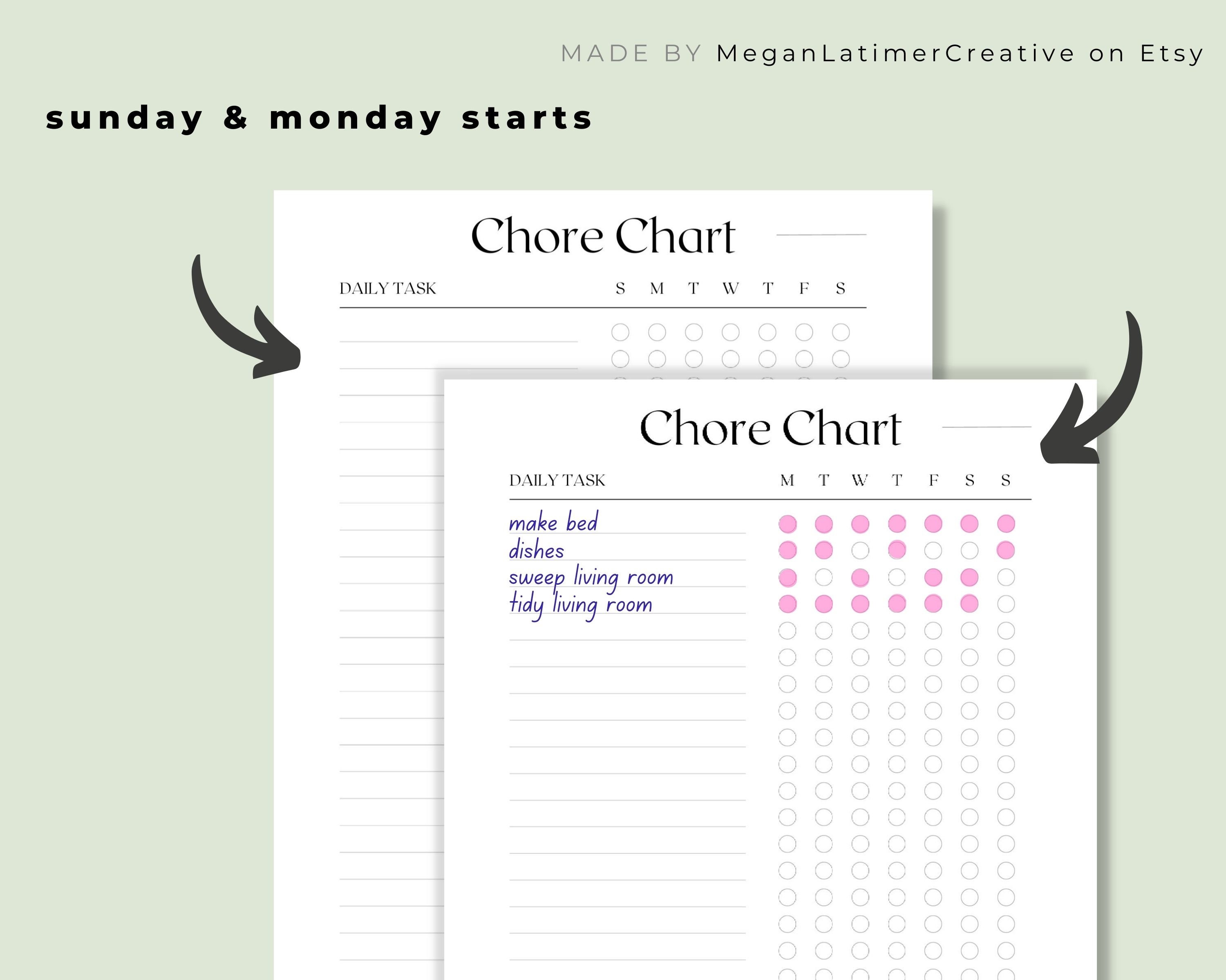 Chore Chart Printable, Family Chore Chart, Daily Chores, Weekly Chore ...
