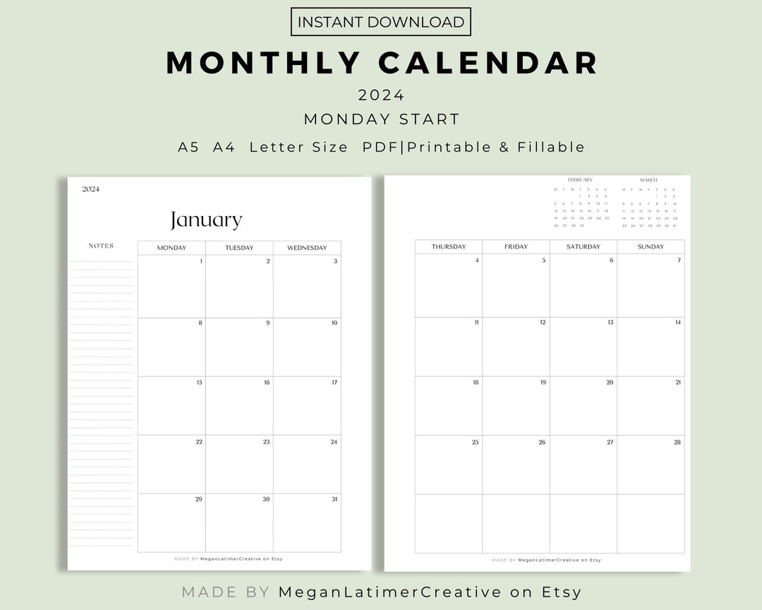 2024 2-page Monthly Calendar Printable, Monday Start and Dated, 2024 Calendar With Notes Section, Planner, Large Monthly Calendar - Etsy 2024-2-page-monthly-calendar-printable-monday-start-and-dated-2024-calendar-with-notes-section-planner-large-monthly-calendar-etsy
