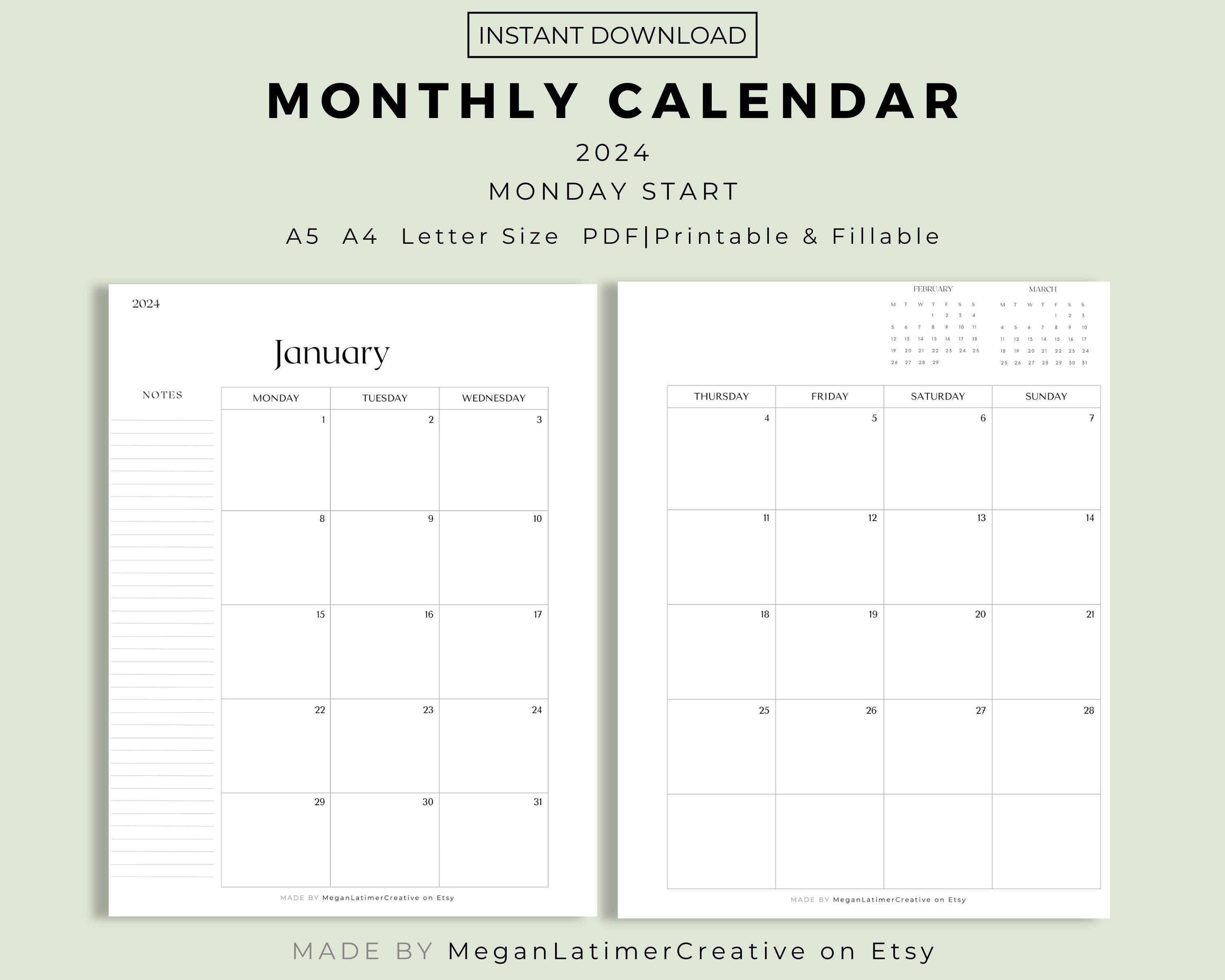 2024 2 page Monthly Calendar Printable Monday Start and Dated 2024