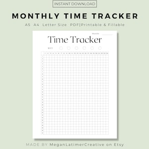 May include: A black and white printable monthly time tracker with a grid layout. The tracker has a key with numbers 1 through 24, representing hours in a day. The tracker is labeled "Time Tracker" and has a space for the month.