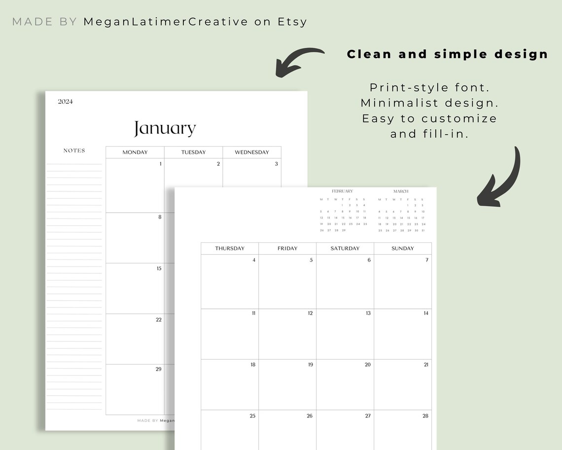 2024 2 page Monthly Calendar Printable Monday Start and Dated 2024
