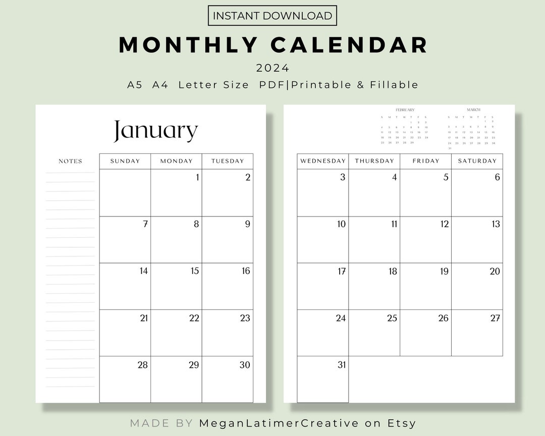 2024 2 page Monthly Calendar Printable Dated Month 2024 Calendar With