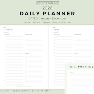 May include: A printable 2026 daily planner with a minimalist design. The planner includes sections for scheduling, priorities, and to-do lists. The text "DAILY PLANNER" and "2026" are prominently displayed. The planner is dated January to December and is letter size.