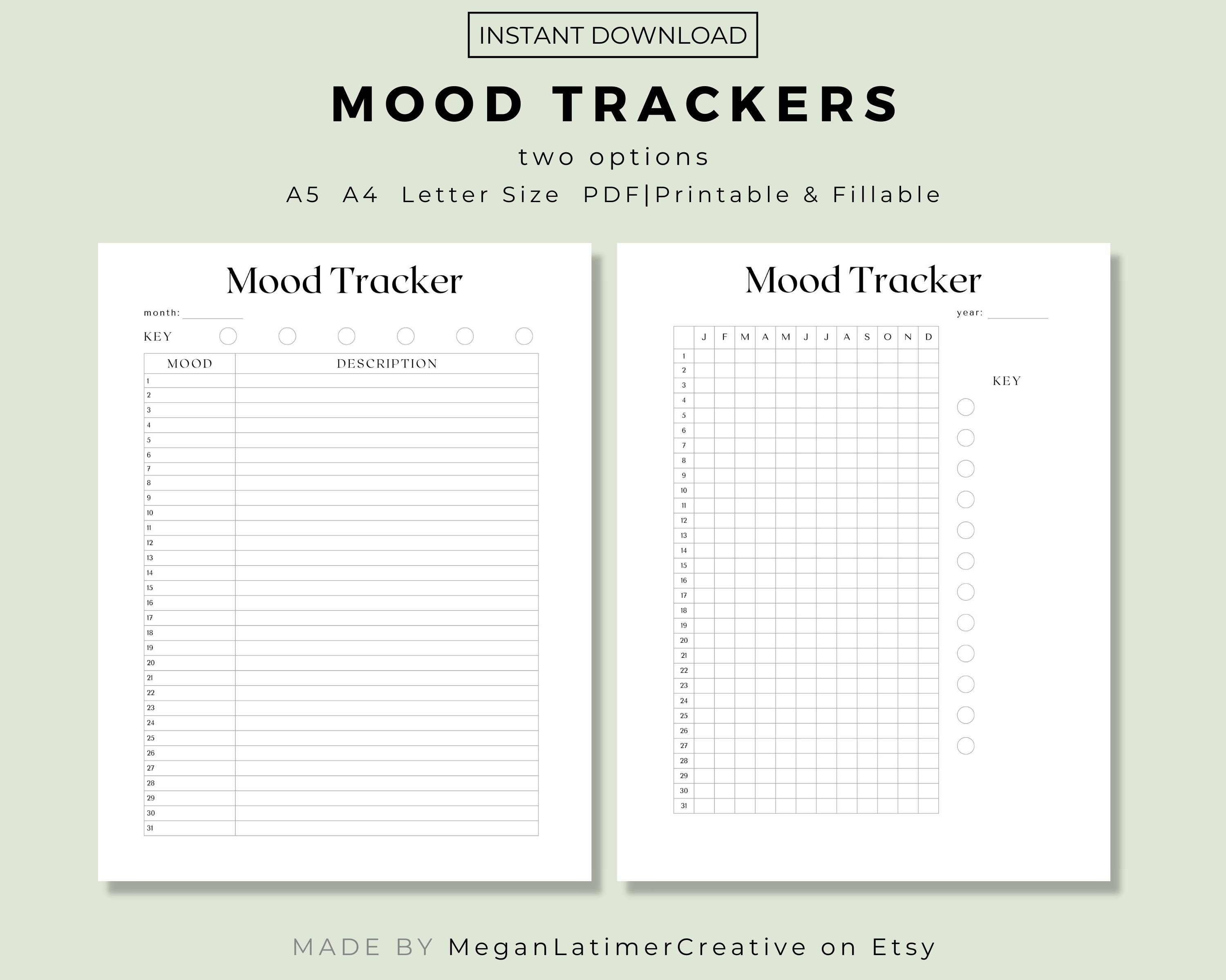 Mood Tracker Printable, Mood Log, Monthly Mood Tracker, Yearly Mood Tracker, Planner Add-on ...