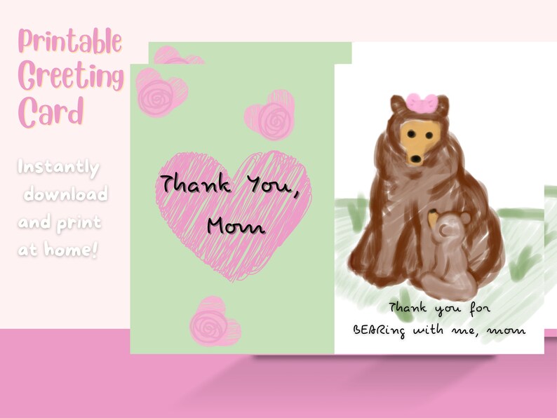 Printable Thank You Mom Card / Mother's Day Card / Birthday Card ...