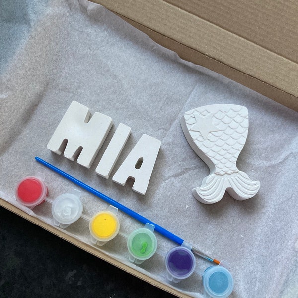 Personalised paint your own name kit mermaid tail, ceramic craft kit, birthday present, childs painting gift, party favour, mermaid present