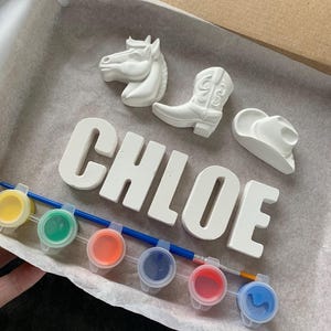Paint your own Cowboy themed name kit, ceramic craft kit, birthday present, childs painting gift, party favour, western, horse, cowboy boots