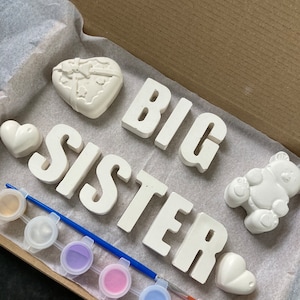 Può includere: Un kit per lavoretti per dipingere un set di lettere in ceramica bianca che compongono la scritta "BIG SISTER" con un pennello e sei piccoli barattoli di vernice. Il kit include anche un piccolo orsacchiotto in ceramica bianca, un cuore e una scatola regalo.