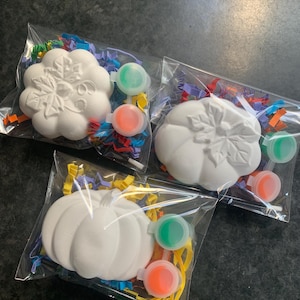 May include: Three clear plastic bags each containing a white pumpkin-shaped craft, colorful confetti, and two small paint pots with green and orange paint. The pumpkins have different designs, including a leaf and a ribbed pumpkin.