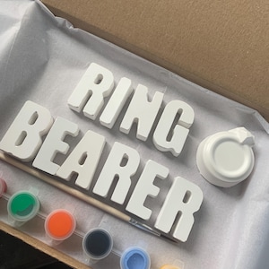 May include: A white 'Ring Bearer' sign kit with paint pots and a paintbrush, presented in a cardboard box. The kit includes a small, round, white object. Paint colors include red, green, orange, black, blue, and yellow.