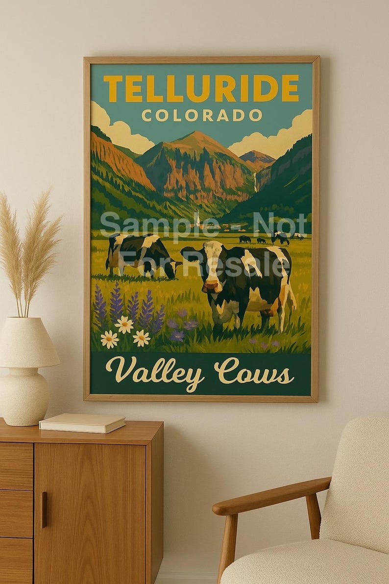 Telluride Valley Cows Poster | Vintage Telluride Colorado | Retro ...