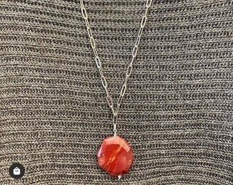 Red Agate on Silver Paper Clip Chain