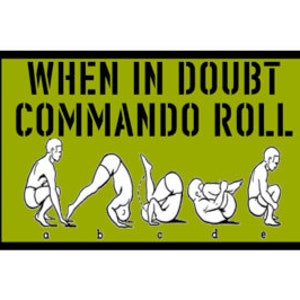 May include: A green and black illustration of a person performing a commando roll. The illustration shows five steps, labeled a through e, demonstrating the technique.