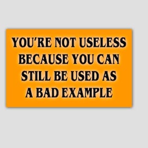 May include: An orange rectangle with the text "YOU'RE NOT USELESS BECAUSE YOU CAN STILL BE USED AS A BAD EXAMPLE" in black, centered on a light gray background. The text is in a bold, sans-serif font.