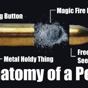 May include: A humorous illustration of a bullet with labels for its parts, including "Bang Button", "Metal Holdy Thing", "Magic Fire Dust", and "Freedom Seed". The text "Anatomy of a Pew" is at the bottom of the image.