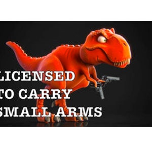 May include: A red cartoon dinosaur holding two small guns with the text "LICENSED TO CARRY SMALL ARMS" below it.