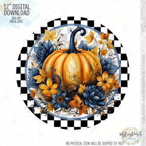 Fall PNG sign, Denim Pumpkin wreath sign design, Fall sign, Pumpkin sign, Thanksgiving PNG sign, Watercolor blue pumpkin, sublimation PNG