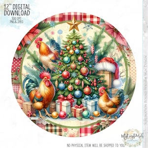 May include: A 12-inch round sublimation wreath sign design featuring a Christmas tree decorated with colorful ornaments and presents. Two roosters stand near the tree, one wearing a Santa hat. The background is a patchwork of red and white gingham, green, and white polka dots.