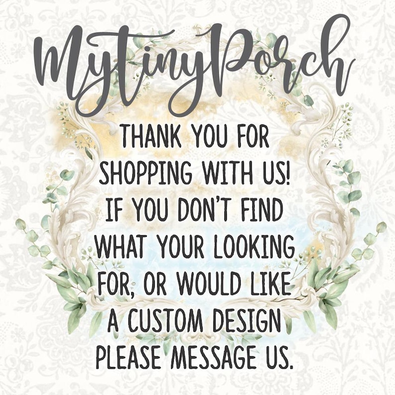 K&ouml;nnte beinhalten: Eine Aquarell-Illustration eines Blumenkranzes mit dem Text "Mytiny Porch" in einer dekorativen Schriftart. Der Text darunter lautet: "Vielen Dank f&uuml;r Ihren Einkauf bei uns! Wenn Sie nicht finden, wonach Sie suchen, oder wenn Sie ein individuelles Design w&uuml;nschen, senden Sie uns bitte eine Nachricht."