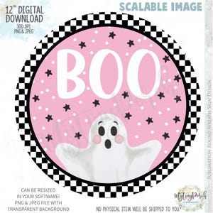 May include: A round, pink Halloween-themed digital design with the word "BOO" in large white letters. The design features a white ghost, black stars, and white dots. The border is black and white checkered. Text includes "12" Digital Download".