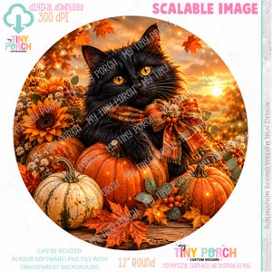 May include: A round, digital design featuring a black cat with orange eyes, surrounded by pumpkins, sunflowers, and fall leaves. The design includes the text "Digital Download" and "12" Round".