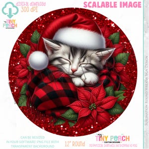 Christmas Cute Sleeping Kitten Wreath Sign PNG, Christmas Cat Wreath Sign PNG