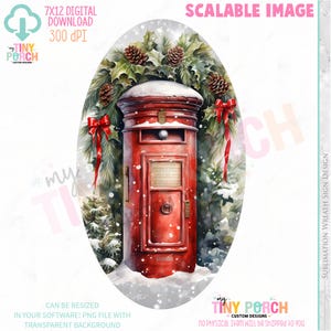 May include: A digital watercolor image of a red British postbox, surrounded by a Christmas wreath with holly, pinecones, and red bows. The postbox is covered in snow, with the text "7x12 Digital Download 300 DPI" and "Scalable Image".