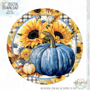 Fall PNG sign, Denim Pumpkin wreath sign design, Fall sign, Sunflower sign, Thanksgiving PNG sign, Watercolor blue pumpkin, sublimation PNG