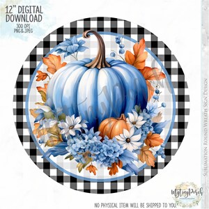 Fall PNG sign, Denim Pumpkin wreath sign design, Fall sign, Pumpkin sign, Thanksgiving PNG sign, Watercolor blue pumpkin, sublimation PNG