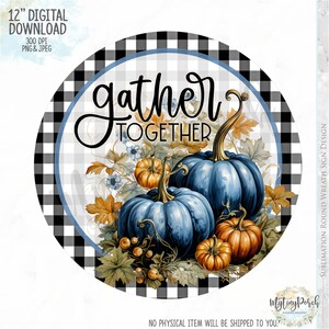 Fall PNG sign, Denim Pumpkin wreath sign design, Fall sign, Pumpkin sign, Thanksgiving PNG sign, Watercolor blue pumpkin, sublimation PNG