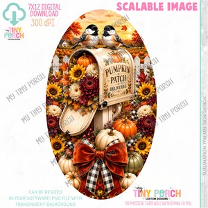 May include: A digital design featuring a mailbox labeled PUMPKIN PATCH DELIVERIES, adorned with sunflowers, dahlias, and pumpkins. Two birds sit atop the mailbox, which is decorated with a large red bow and black and white checkered ribbon.