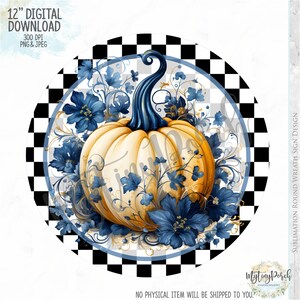 Fall PNG sign, Denim Pumpkin wreath sign design, Fall sign, Pumpkin sign, Thanksgiving PNG sign, Watercolor blue pumpkin, sublimation PNG