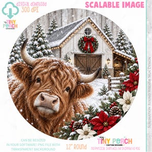 Puede incluir: Un diseño digital circular que presenta una vaca Highland marrón con pelaje cubierto de nieve en primer plano. El fondo muestra un granero rústico con una corona navideña, pinos nevados y un arreglo festivo de flores de pascua y piñas.